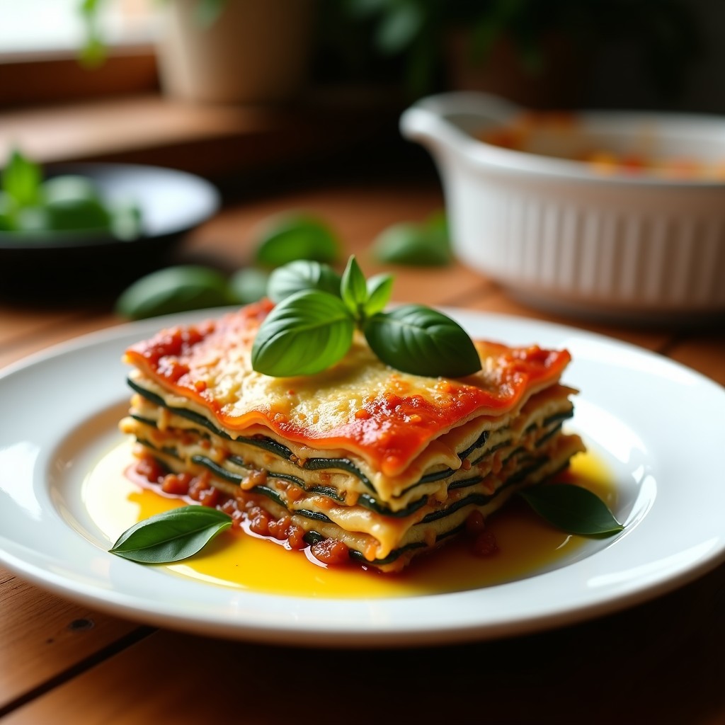 Lasagna keto italiana en fuente de barro, con capas visibles de calabacín, berenjena, espinacas y salsa cremosa de anacardos dorada al horno, decorada con hojas de albahaca fresca.