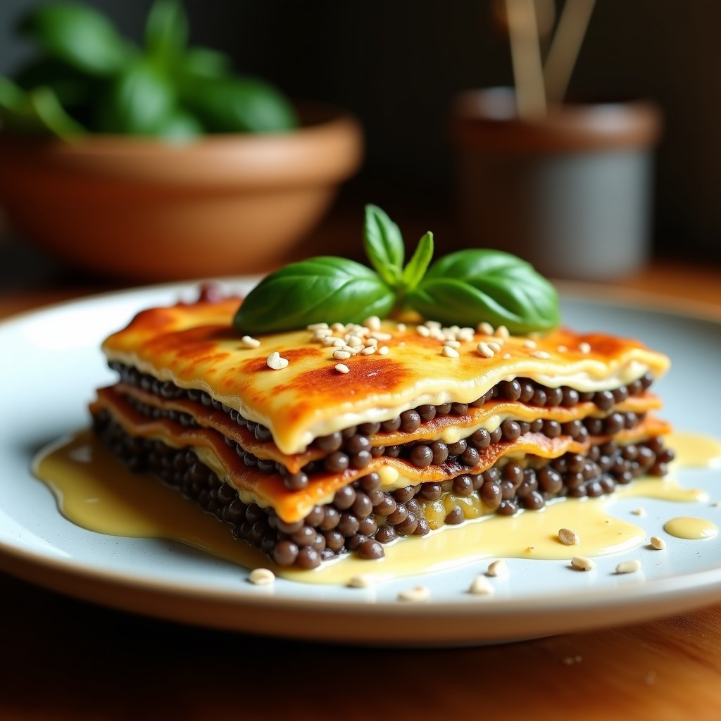 Lasagna vegana en Thermomix con capas de lentejas beluga oscuras, berenjena asada dorada y bechamel cremosa de anacardos, decorada con semillas de sésamo tostadas sobre un plato blanco rústico.