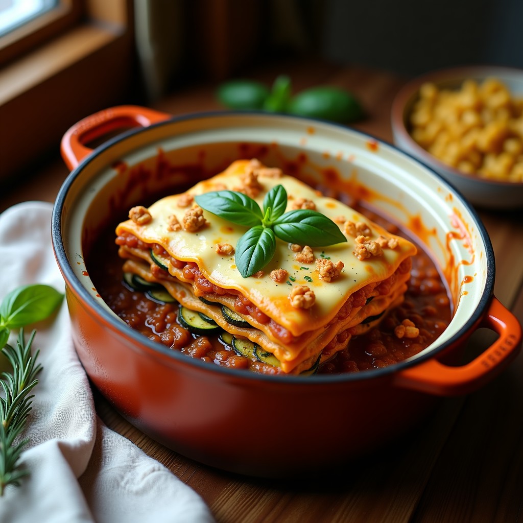 Lasagna vegana italiana en olla lenta con capas de calabacín asado, ragú de lentejas pardiñas y bechamel de avena, decorada con piñones tostados y albahaca fresca.