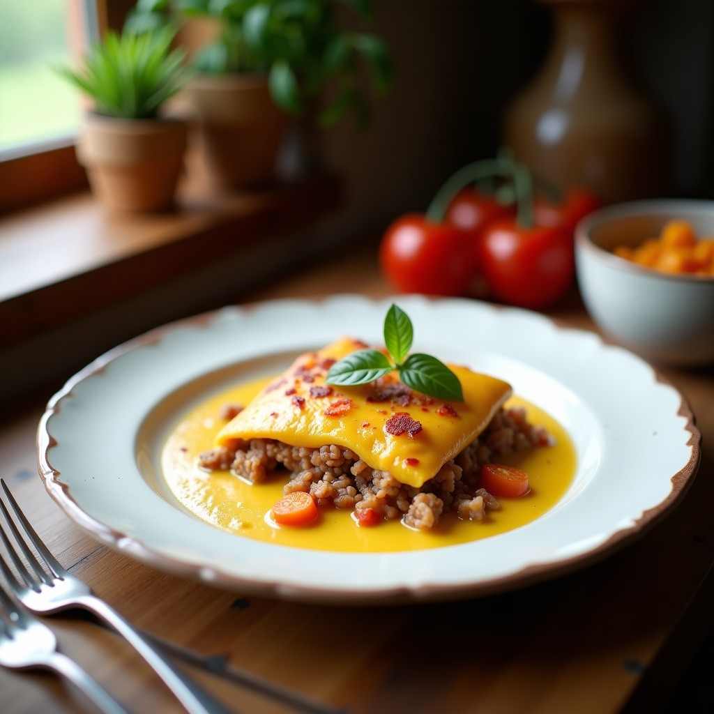 Lasaña de berenjena y carne picada jugosa y baja en carbohidratos, con una bechamel ligera y queso derretido, lista para servir