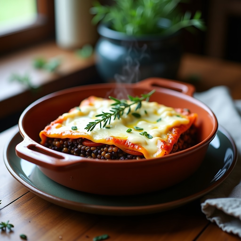 Lasaña vegana sin pasta en molde de barro, con capas visibles de berenjena asada, lentejas beluga oscuras y crema de anacardos dorada, decorada con hierbas frescas y un chorrito de aceite de oliva.