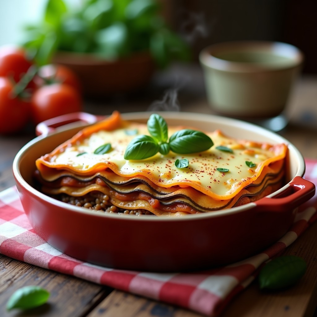 Lasaña italiana vegana en fuente de barro con capas visibles de berenjena asada, lentejas pardina y queso vegano de anacardos derretido, decorada con hierbas frescas y un toque de pimentón ahumado.
