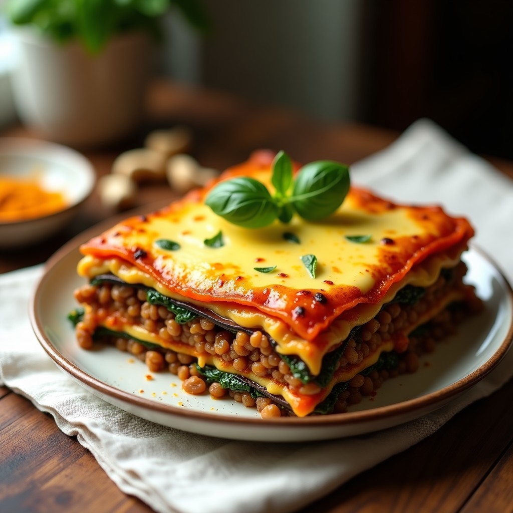 Lasaña de Berenjena y Lentejas Rojas: Receta Vegana Sin Gluten y Sin Horno