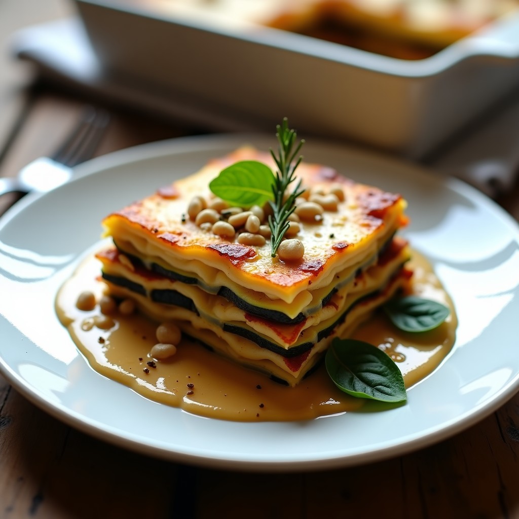 Lasaña vegana y sin gluten de calabacín y berenjena con ragú de hongos shiitake y portobello, gratinada con crema de anacardos y nueces de Brasil, servida en fuente de cerámica blanca con hierbas frescas.