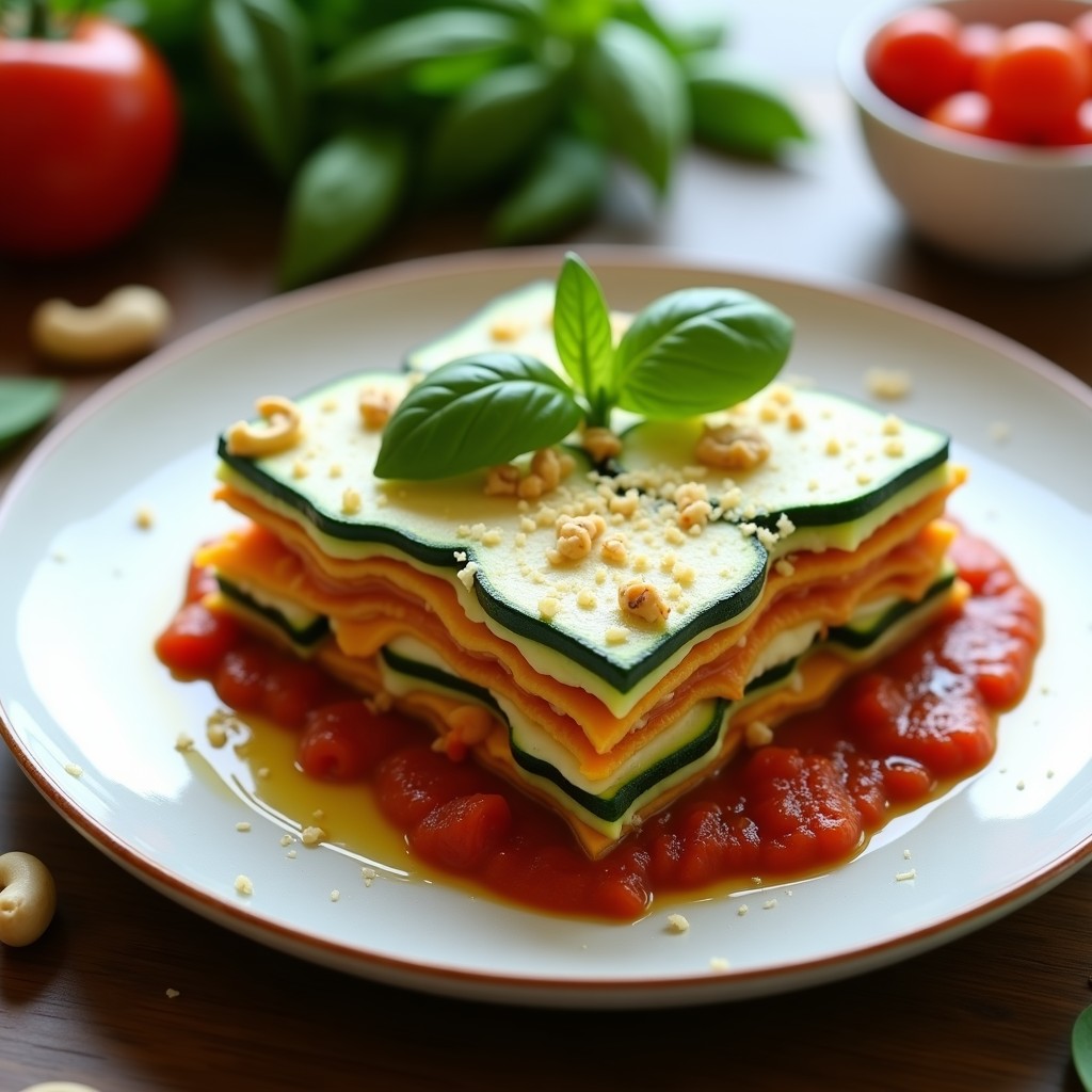 Lasaña crudivegana en capas con láminas de calabacín verde, queso cremoso de anacardos y salsa de tomate casera fresca, decorada con hojas de albahaca. Plato servido en un molde de cristal con fondo blanco.