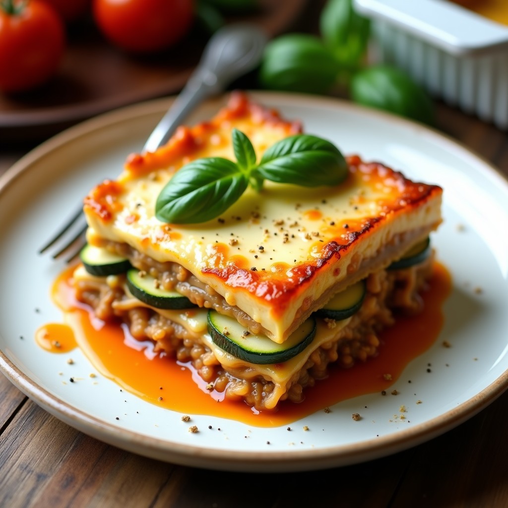 Lasaña vegana italiana de calabacín y tofu en fuente de cerámica blanca, con capas visibles de láminas de calabacín, tofu cremoso marinado y ragú de champiñones, gratinada con bechamel de anacardos dorada. Plato bajo en calorías y alto en proteína, servido en porción triangular con hierbas frescas.