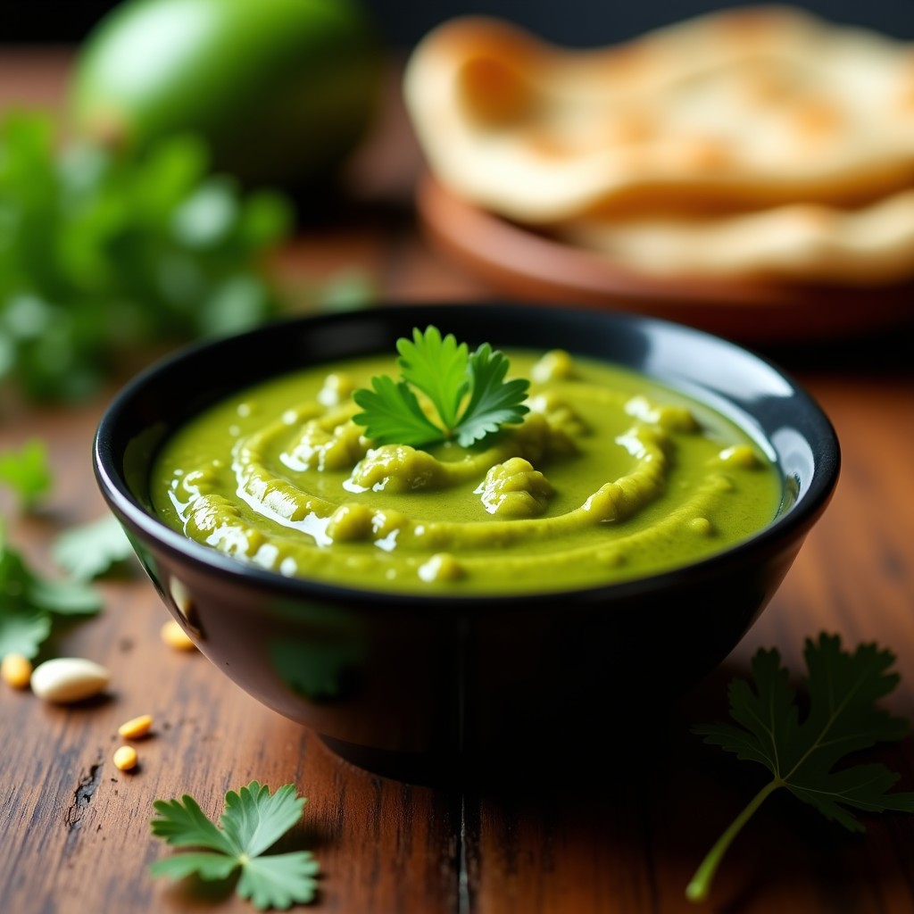 Cuenco de cerámica rústica con Lassan Ki Chutney: salsa india de color verde vibrante, textura gruesa con trozos de mango verde y ajo, decorada con hojas de cilantro fresco y semillas de comino. Fondo con ingredientes dispersos (limón verde, chile y jengibre).