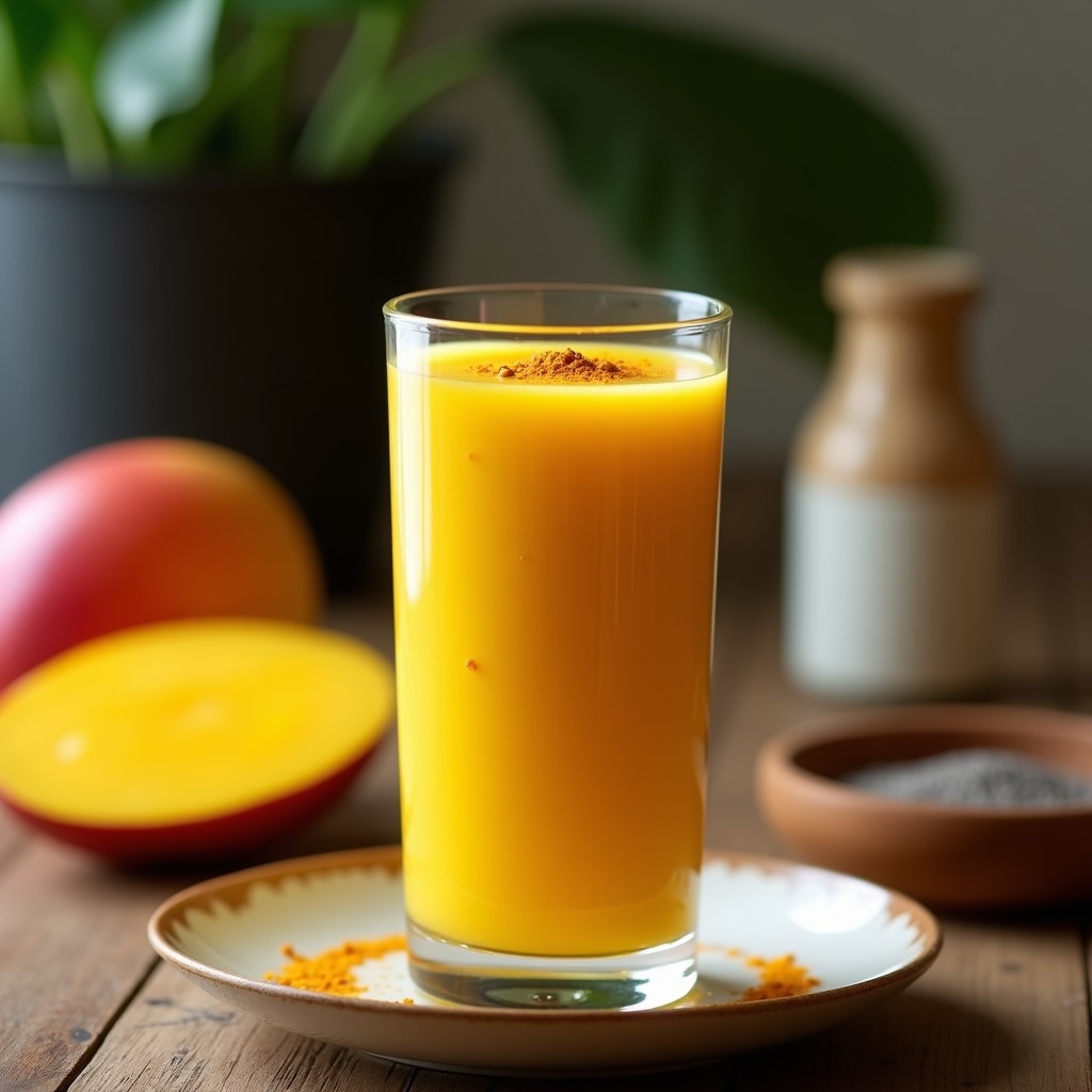 Vaso alto transparente con lassi de mango y cúrcuma con semillas de chía, bebida india antiinflamatoria y energética, decorado con pizca de cúrcuma y semillas de chía en la superficie.