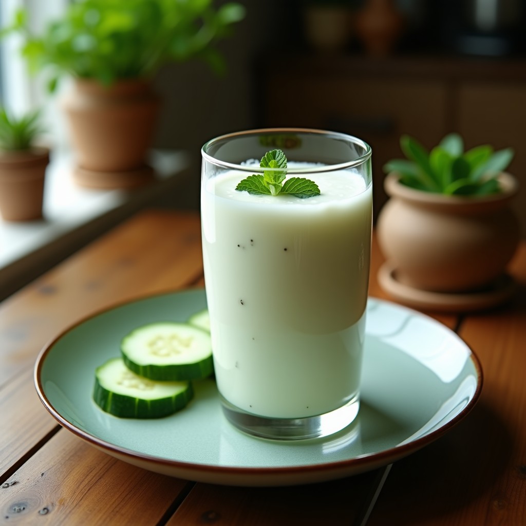 Vaso alto transparente con lassí salado de pepino y hierbabuena con yogur de coco, decorado con rodaja de pepino, hoja de hierbabuena y espolvoreado de comino, sobre fondo de madera con hielo escarchado.