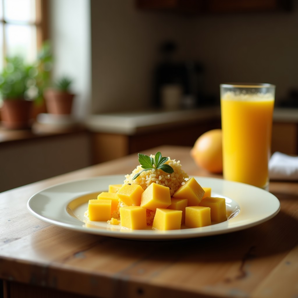 Vaso alto transparente con lassi salado de mango y comino, bebida india probiótica de color crema con trozos de mango y hojas de menta, servido con hielo y una pajita de bambú sobre fondo rústico.