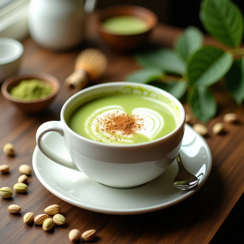 Taza de cerámica blanca con bebida de matcha y leche de pistacho vegana, espuma cremosa en la superficie, espolvoreada con canela y pistachos picados, sobre una mesa de madera rústica con hojas de matcha y pistachos enteros al fondo.
