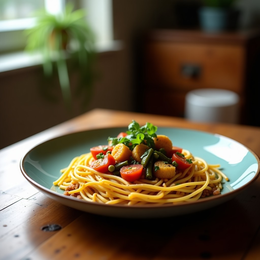 Lentejas estofadas con verduras y jengibre en un plato, lista para servir. Receta vegana fácil y reconfortante.