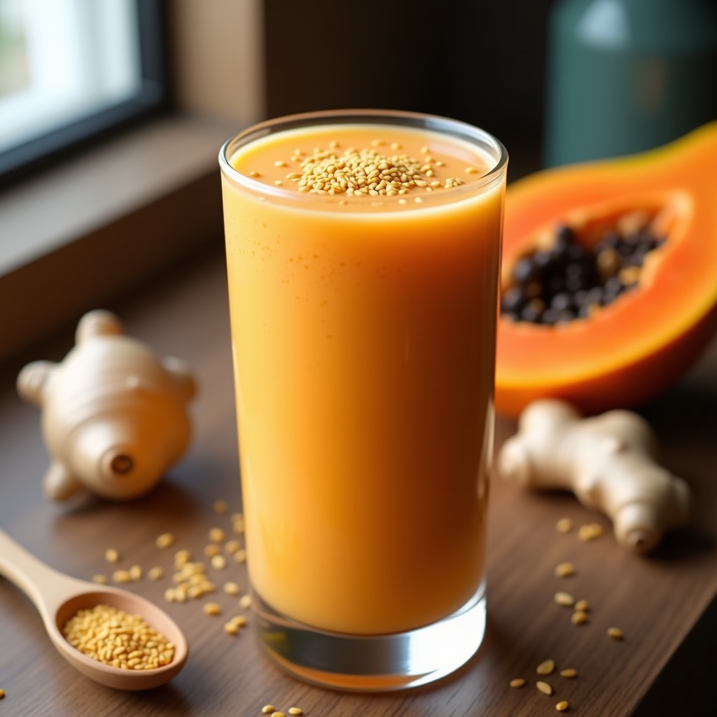 Vaso alto transparente con licuado de papaya, linaza y jengibre, de color naranja claro con semillas de linaza dorada flotando. Fondo de encimera de madera con ingredientes dispersos: rodaja de papaya, raiz de jengibre y cucharada de semillas de linaza. Bebida digestiva y antiinflamatoria fresca.