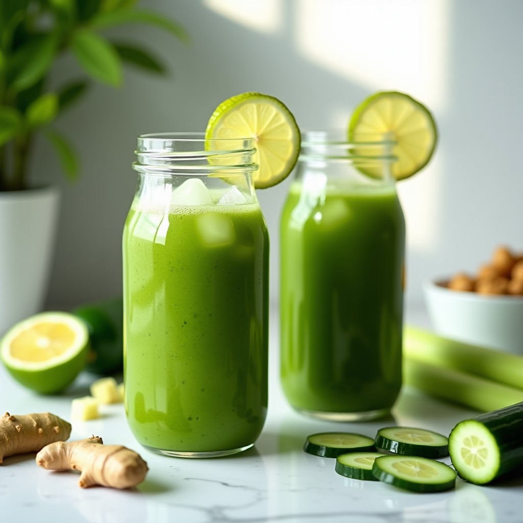 Vasos de cristal transparente con licuado verde fresco de pepino, apio y jengibre con limón, servido con hielo y rodajas de limón. Ideal como bebida detox para llevar en tupper, sobre fondo de cocina blanca.