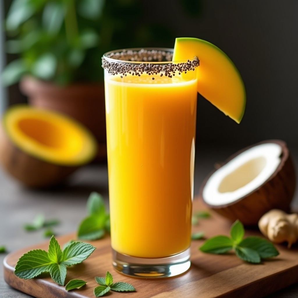 Vaso alto transparente con licurado de mango y chía con jengibre, de color amarillo cremoso con semillas de chía visibles, decorado con una rodaja de limón verde y hojas de menta, sobre una mesa de madera con fondo borroso de cocina veraniega.