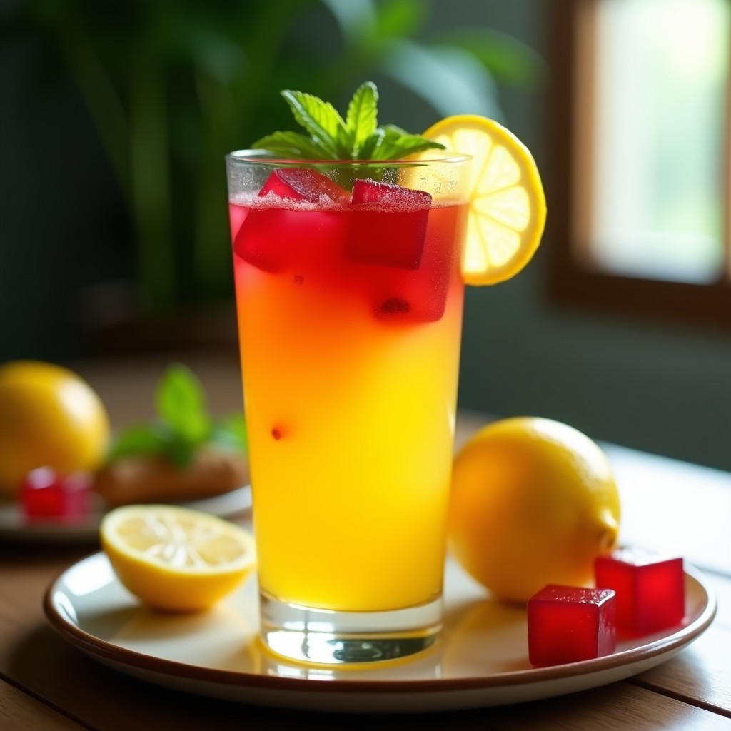 Vaso alto transparente con limonada dorada de cúrcuma y pimienta rosa, hielo de flor de jamaica de color rojo intenso, rodajas de limón y hojas de menta fresca. Bebida antiinflamatoria refrescante servida en una mesa rústica con luz natural.