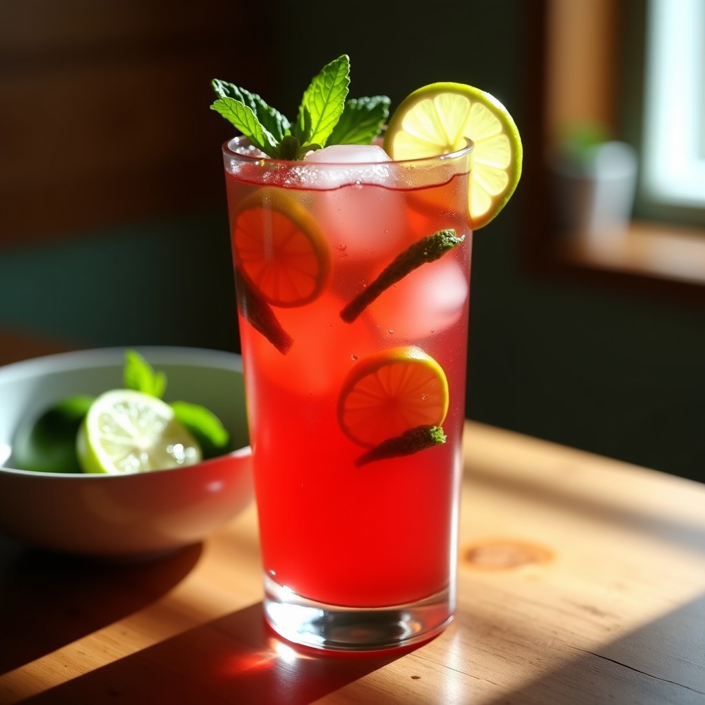 Vaso alto transparente con limonada de jamaica y jengibre, de color rojo intenso, servida con hielo aromatizado con hierbabuena y decorada con rodajas de limón verde y hojas frescas de hierbabuena, sobre una mesa de madera rústica con fondo desenfocado.
