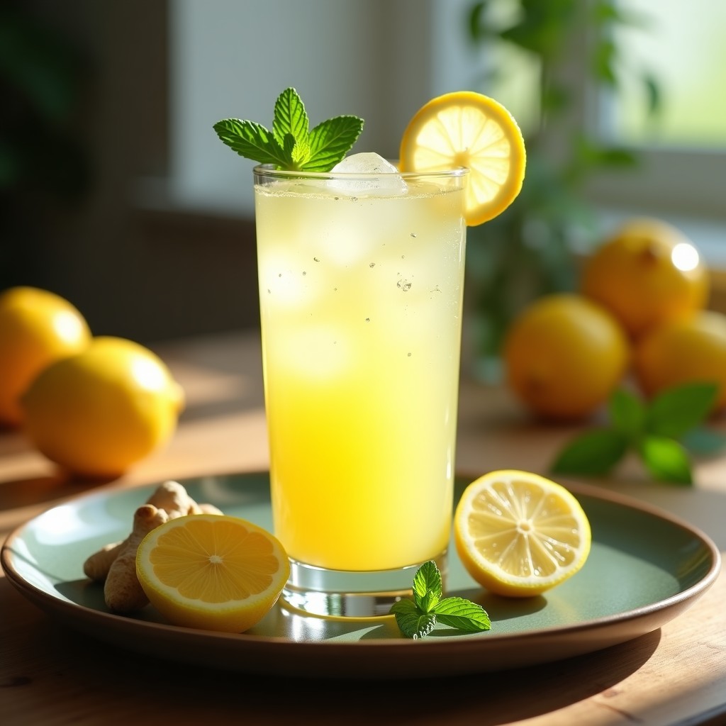 Vaso alto transparente con limonada de jengibre y mentas, decorado con rodajas de limón, hojas de menta fresca y hielo picado, sobre una mesa de madera con fondo desenchufado y luz natural.