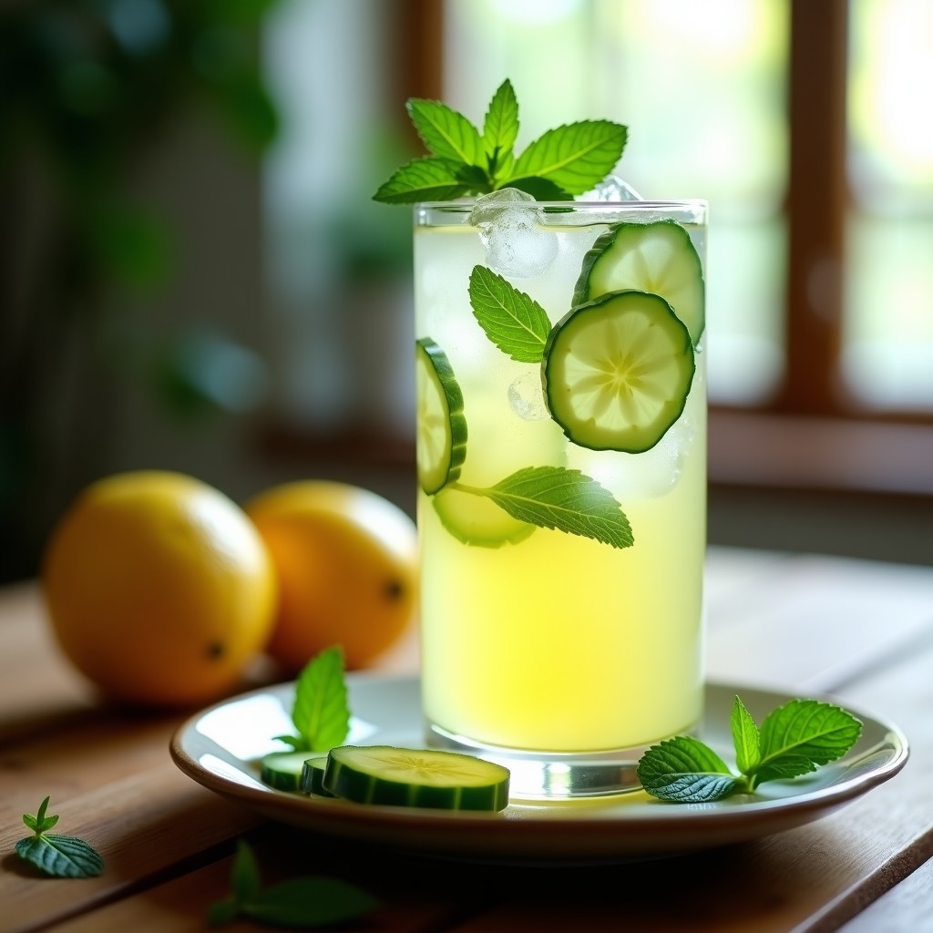 Vaso alto transparente con limonada detox de jengibre y pepino con hoja de stevia, decorado con rodajas de pepino, menta fresca y hielo picado sobre una mesa de madera rústica con fondo difuminado.