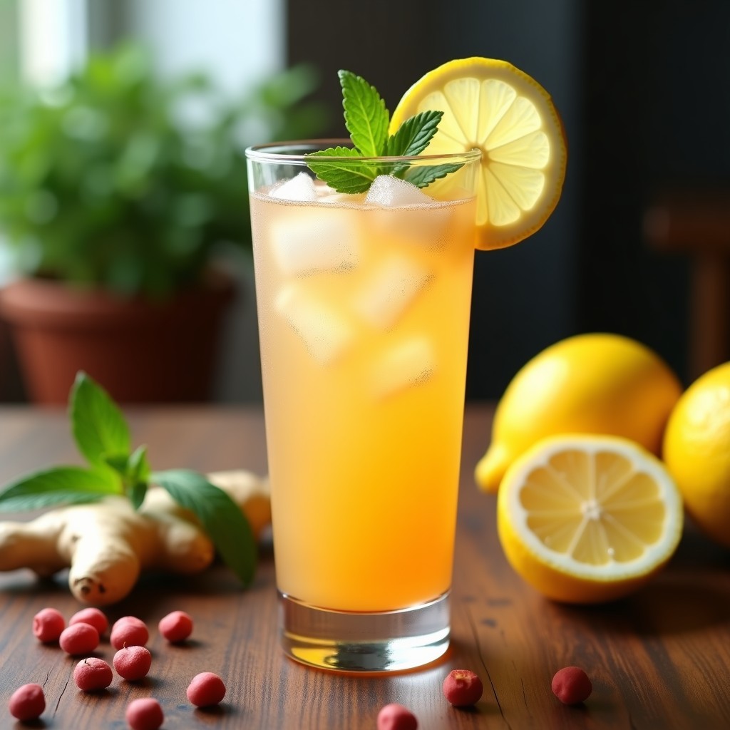 Vaso alto de cristal con limonada de jengibre y pimienta rosa, decorado con rodajas de limón, hojas de menta y cubos de hielo. La bebida tiene un color ámbar brillante y se sirve sobre una mesa rústica con ingredientes al lado: limones, jengibre fresco y granos de pimienta rosa.