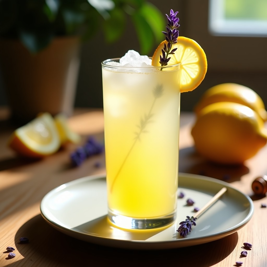 Vaso alto transparente con limonada de lavanda y miel, decorado con hielo, rodaja de limón y ramita de menta, sobre una mesa de madera rústica con flores de lavanda fresca al fondo.