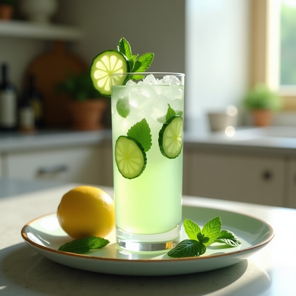 Vaso alto transparente con limonada persa de menta y pepino, decorado con rodajas de pepino, hojas de menta y gotas de agua de rosa en la superficie. Fondo borroso con tonos frescos y luz natural.
