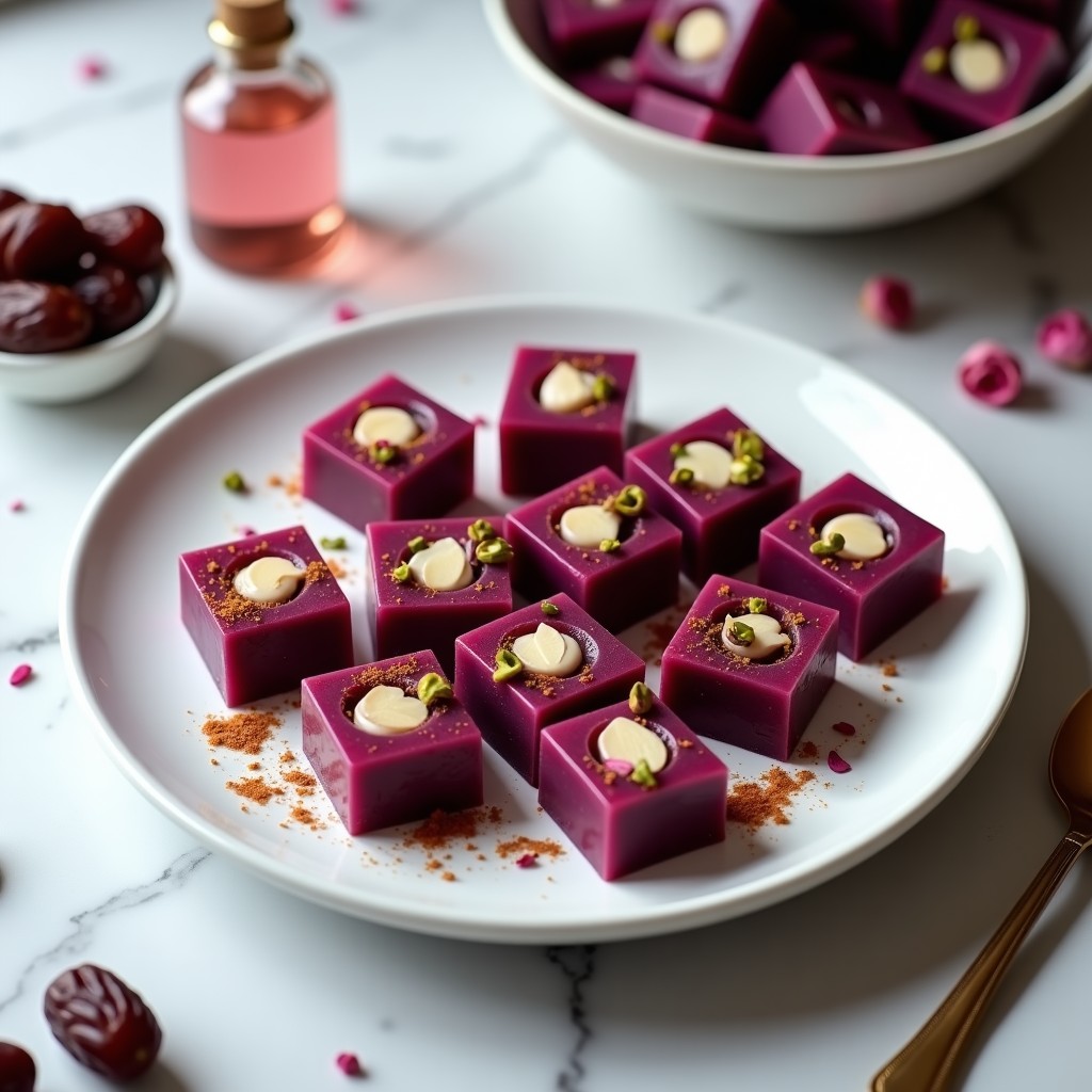 Plato blanco con lokum de batata morada vegano en forma rectangular, bañados en sirope de dátiles brillante, rellenos de halva de sésamo y decorados con coco rallado, almendras fileteadas y un hilo de sirope dorado. Fondo con elementos turcos como una taza de té y especias.