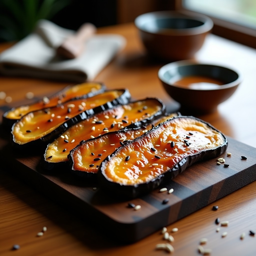 Lomitos de berenjena dorados y crujientes en una fuente de madera oscura, con semillas de sésamo negro y blanco espolvoreadas por encima. Al fondo, un bol pequeño con salsa de miso y un pincel de cocina. Receta japonesa vegana en airfryer sin aceite.