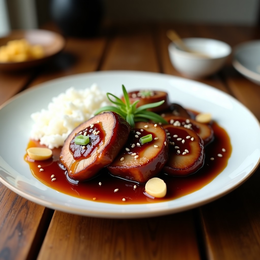 Plato blanco con lomo de cerdo en trozos dorados bañados en una salsa oscura y brillante de ciruela y jengibre, espolvoreado con semillas de sésamo. Acompañado de arroz blanco y decorado con rodajas finas de jengibre fresco. Receta china en Thermomix.