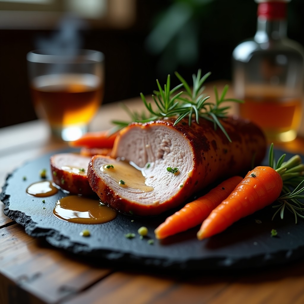 Plato de pizarra con rodajas gruesas de lomo de cerdo al whisky, bañadas en una reducción brillante de sidra y whisky, acompañado de zanahorias glaseadas y cebolla morada. Receta Escocia en olla lenta.