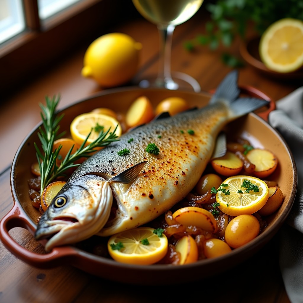 Lubina al Horno con Patatas Panadera y Limón: Receta Jugosa, Fácil y Elegante