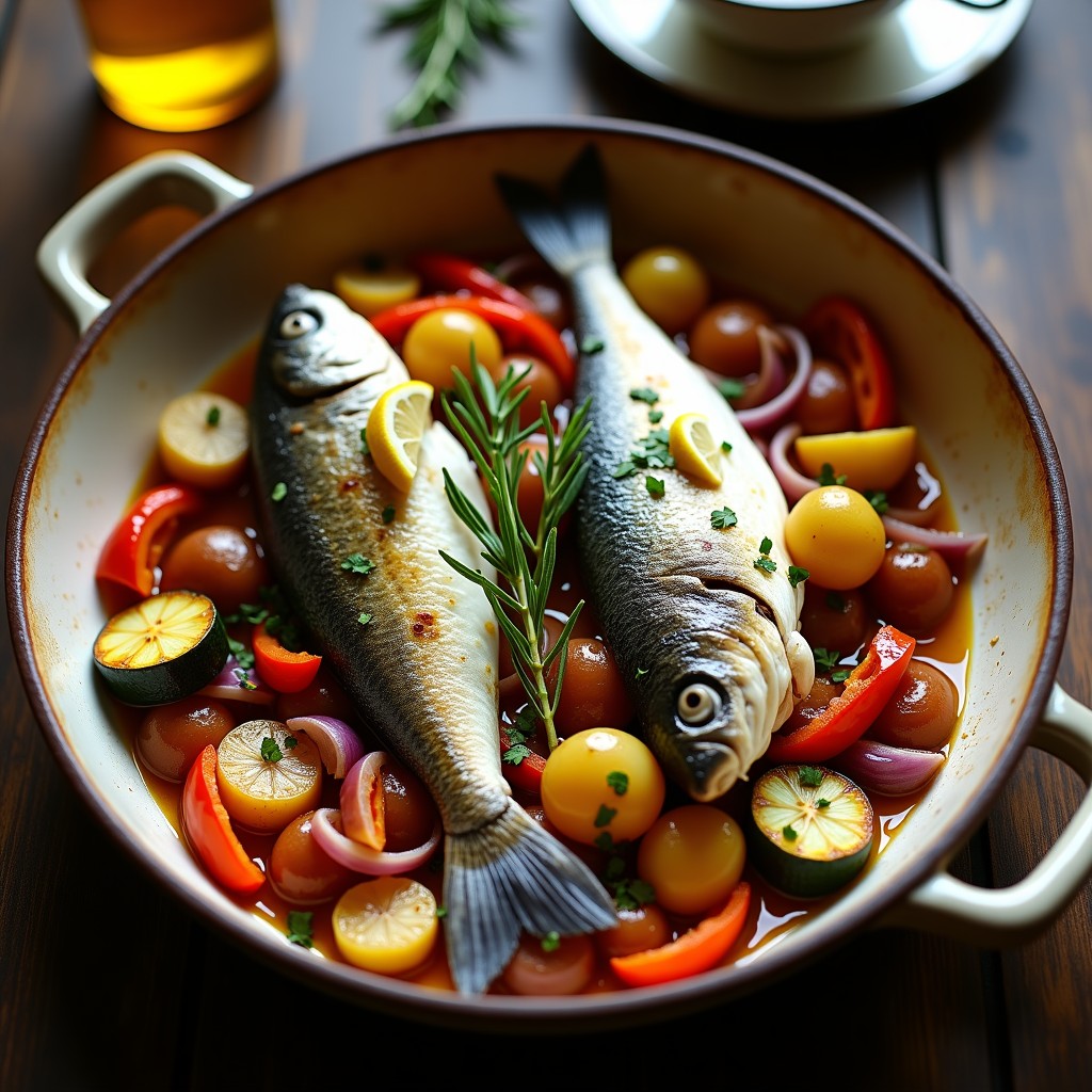 Lubina al horno con verduras mediterráneas y patatas panadera, receta fácil y saludable