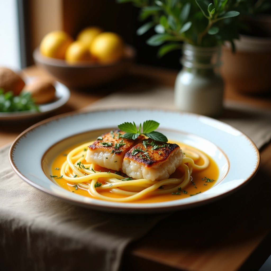 Lubina a la sal en costra mediterránea con hierbas y limón, lista para servir