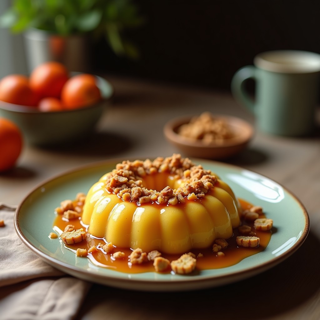 Maamoul libanés sin harina en forma de disco dorado, relleno de dátiles y nueces, espolvoreado con sémola fina y dispuesto en bandeja rústica de madera con fondo de tela tradicional árabe.
