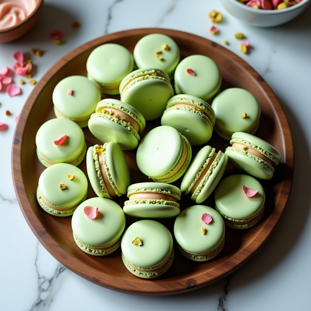 Macarons de pistacho y rosa sin gluten dispuestos en una bandeja de madera clara, con cáscaras verdes pálidas y relleno cremoso visible. Decorados con pétalos de rosa comestibles y trocitos de pistacho, sobre un fondo de papel de horno blanco.