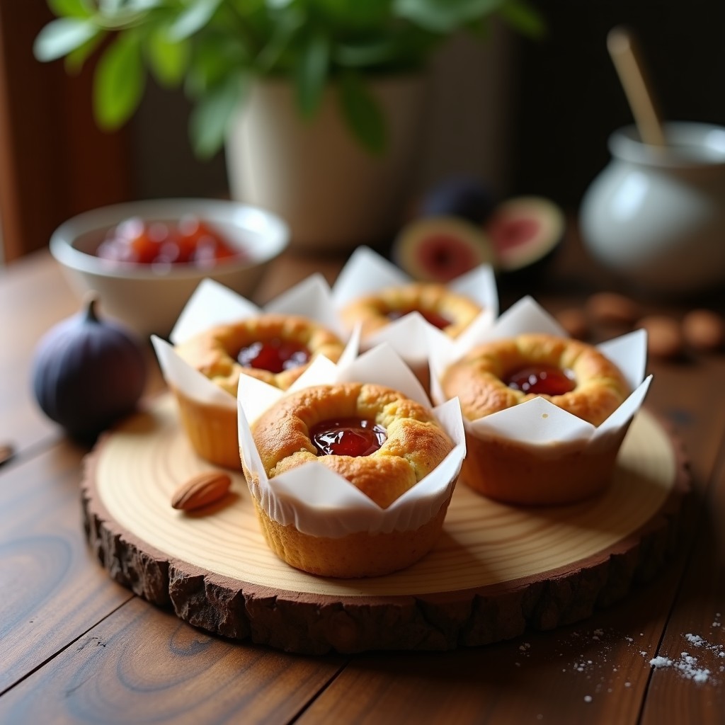 Magdalenas doradas y esponjosas de harina de almendra con un corazón de mermelada de higo sin azúcar, servidas en cápsulas de papel sobre una tabla de madera rústica, acompañadas de higos frescos y almendras fileteadas.