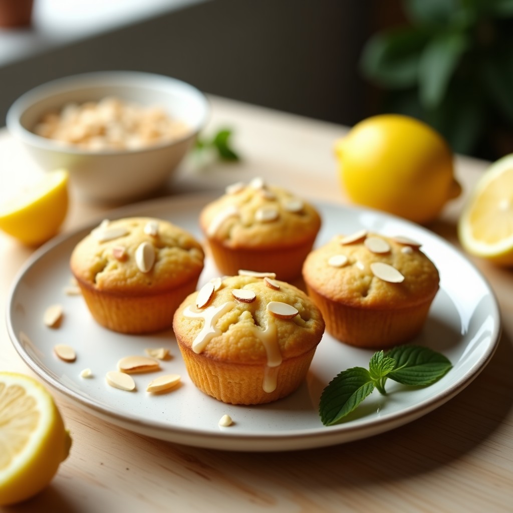 Magdalenas doradas y esponjosas de harina de garbanzo con ralladura de limón, servidas en plato blanco rústico con rodajas de limón fresco y almendras fileteadas como decoración. Desayuno proteico sin harina de trigo.