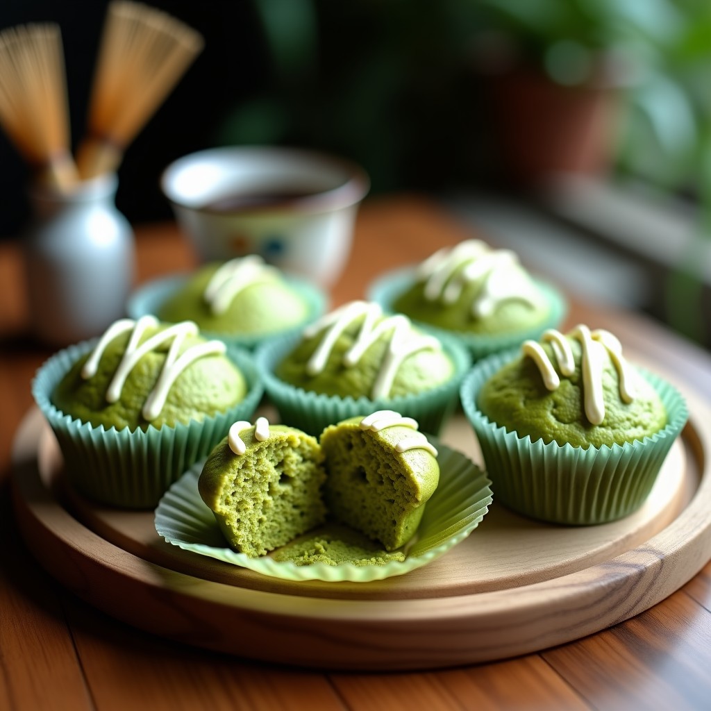 Magdalenas japonesas de matcha y chocolate blanco sin harina, con color verde vibrante y textura esponjosa, servidas en cápsulas de papel sobre una tabla de madera rústica.