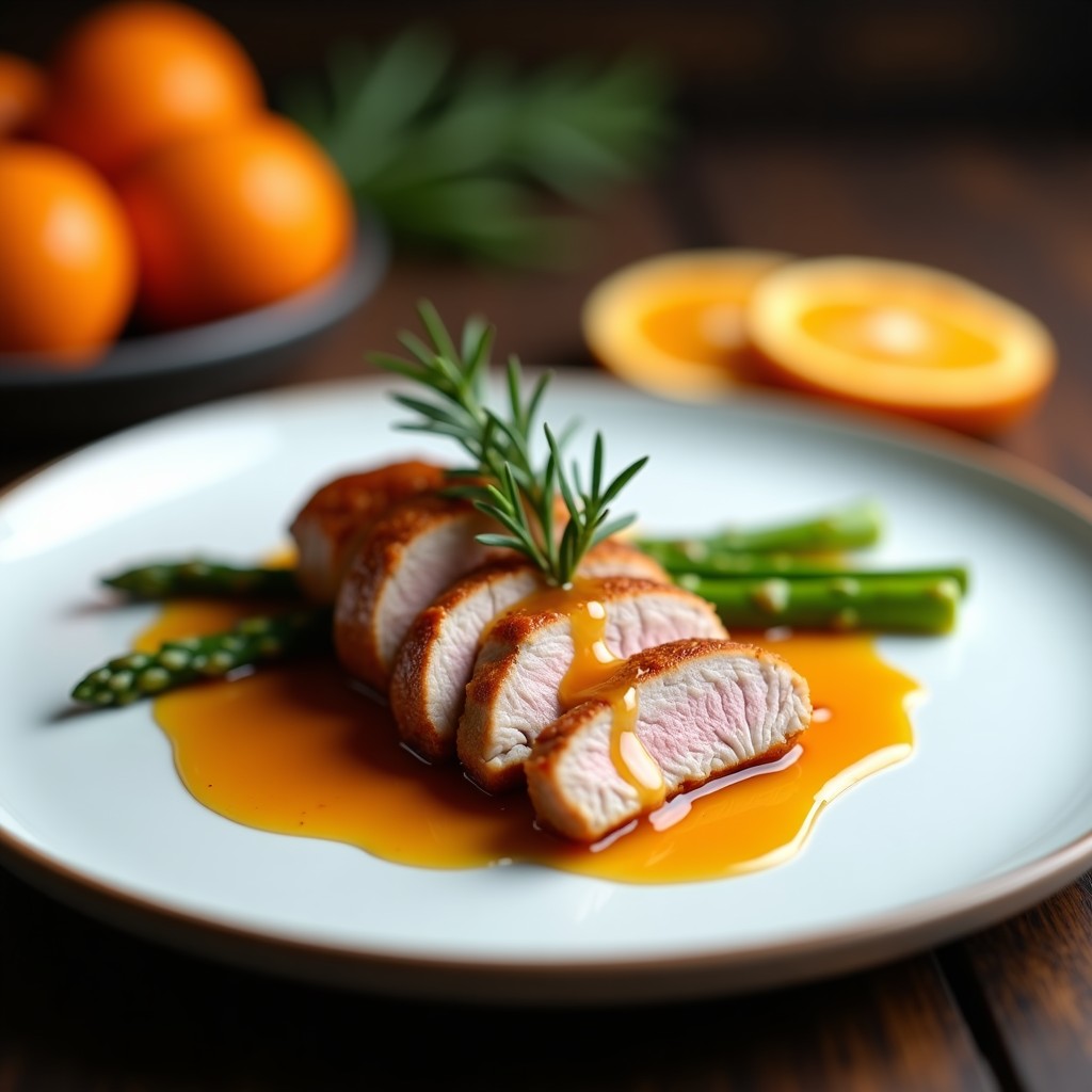 Plato elegante de magret de pato en rodajas gruesas con piel dorada y crujiente, bañado en salsa brillante de naranja y miel, acompañado de espárragos verdes y decorado con gajos de naranja.