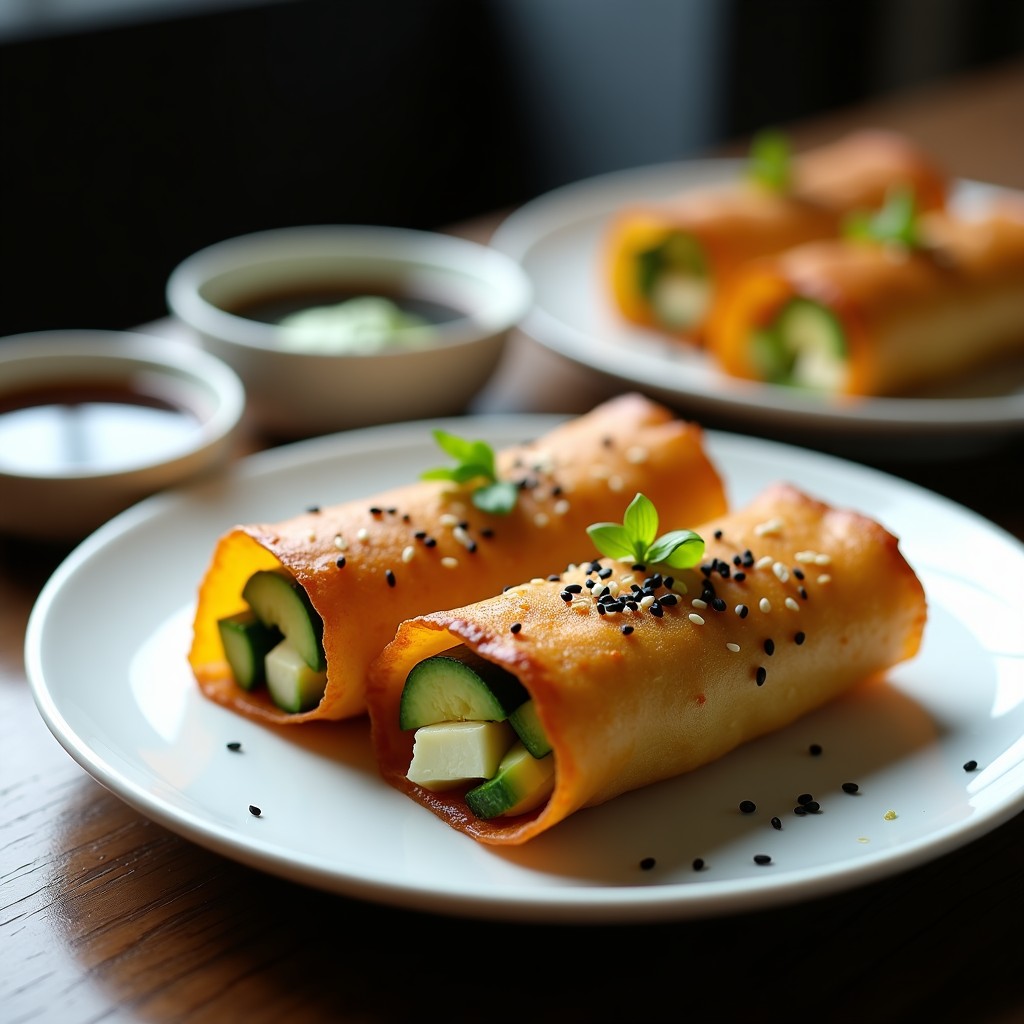 Makrollitos de alga nori y zucchini dorados y crujientes, servidos en un plato de madera con semillas de sésamo y salsa de wasabi. Receta japonesa vegana y sin gluten preparada en airfryer.