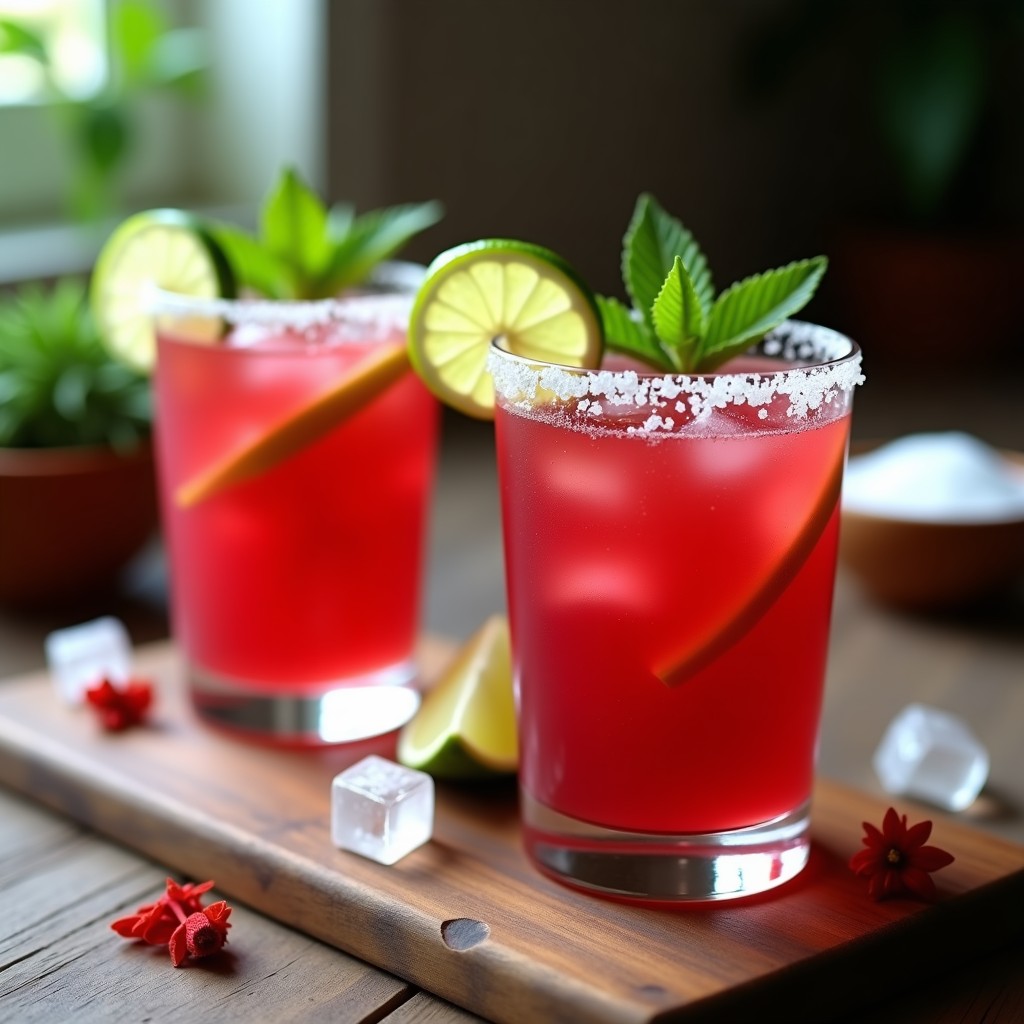 Dos vasos de margarita sin alcohol con borde de sal, llenos de una bebida roja intensa de agua de jamaica y lima, decorados con hojas de menta y rodajas de lima, sobre una mesa de madera con hielo y flores de jamaica al fondo.