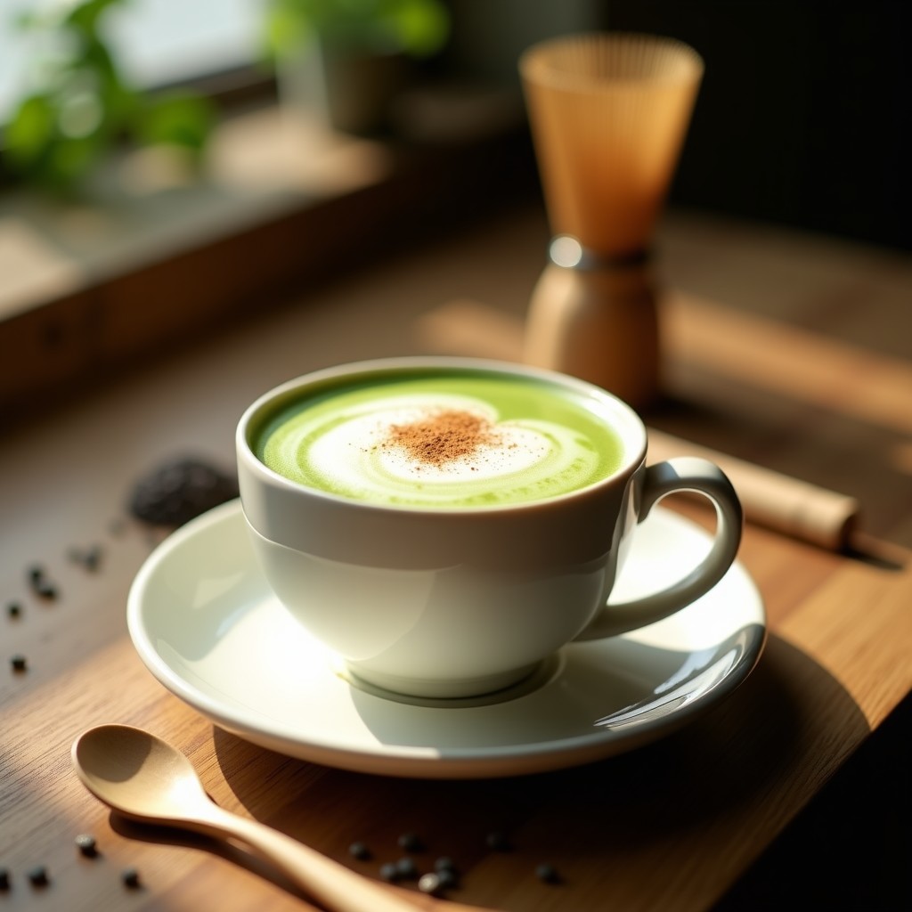 Taza de cerámica blanca con Matcha Latte con Leche de Camelina, espuma cremosa y decoración de canela en polvo, sobre fondo de madera rústica con semillas de chía esparcidas.