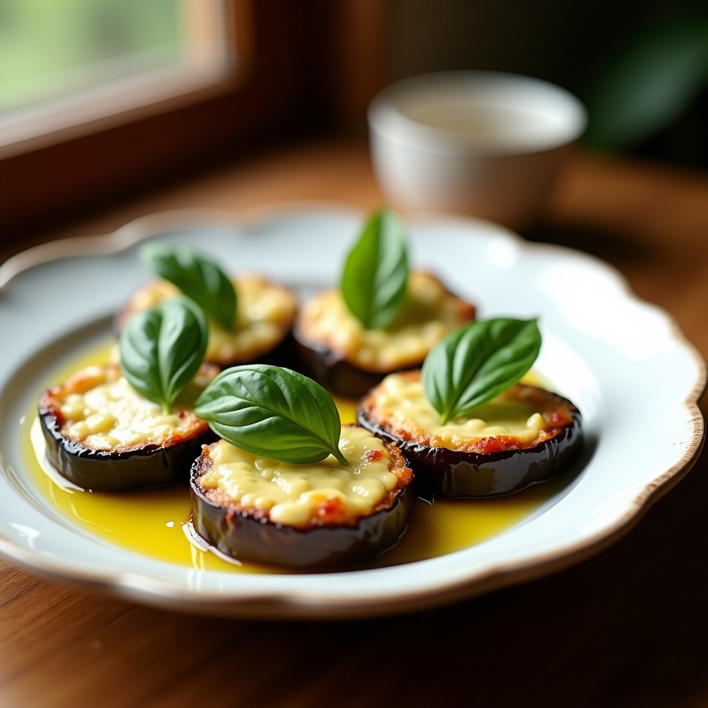 Medallones dorados de berenjena al horno con relleno cremoso de queso de anacardos, espolvoreados con semillas de sésamo y acompañados de hojas de albahaca fresca sobre un plato de cerámica blanca.
