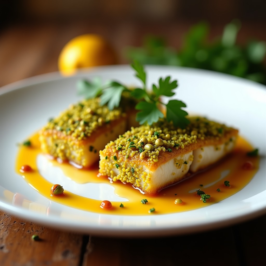 Filetes de merluza dorados con costra crujiente de pistacho, servidos sobre un plato blanco con salsa de limón confitado de color ámbar y decorados con perejil fresco. Receta gourmet de merluza en costra de pistacho con salsa de limón confitado.