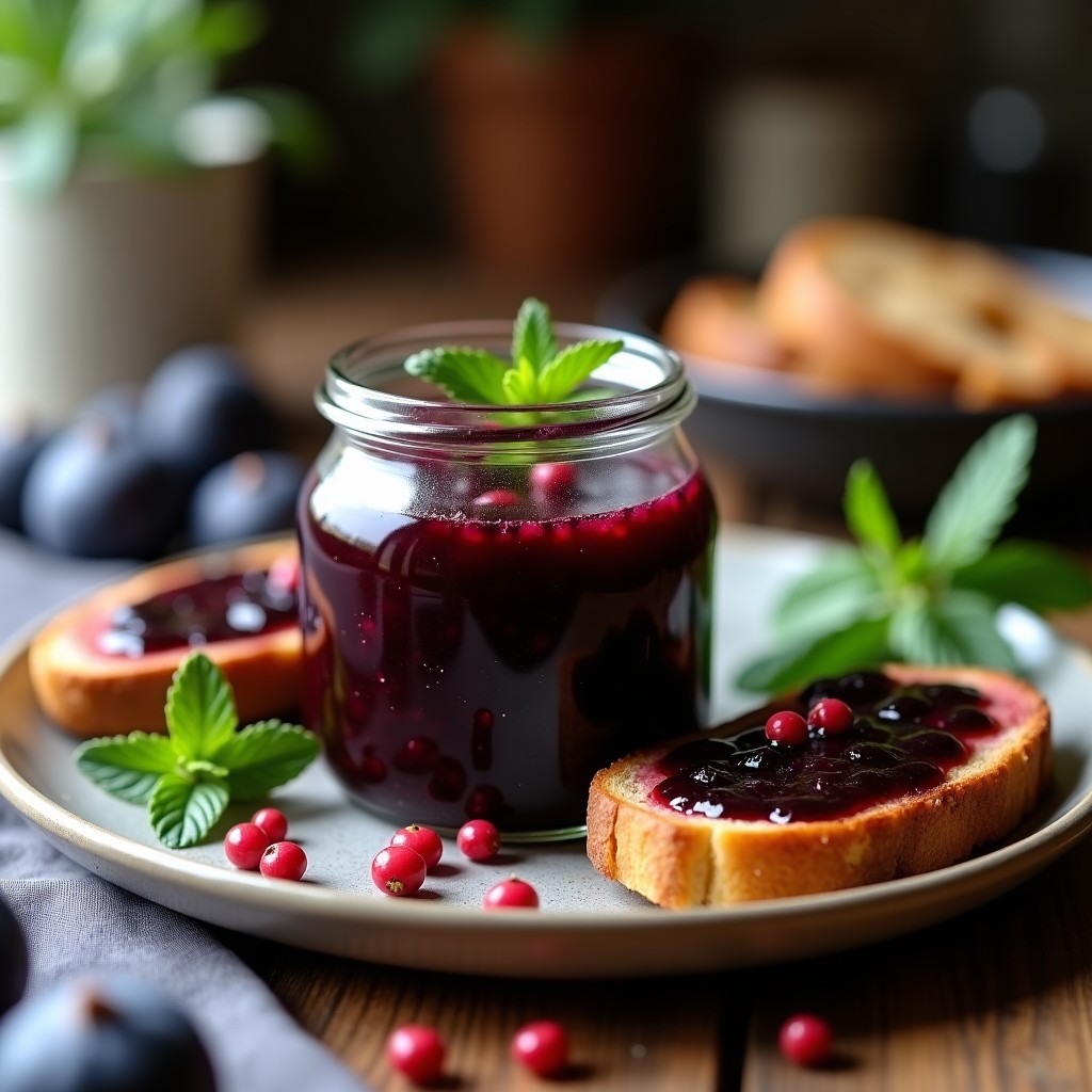Tarro de vidrio transparente lleno de mermelada de higo negro y pimienta rosa sin azúcar, con un color violeta intenso y textura brillante. Alrededor, tostadas de pan de centeno con la mermelada untada, decoradas con hojas de menta y unas bayas de pimienta rosa esparcidas. Fondo rústico de madera clara con luz natural.