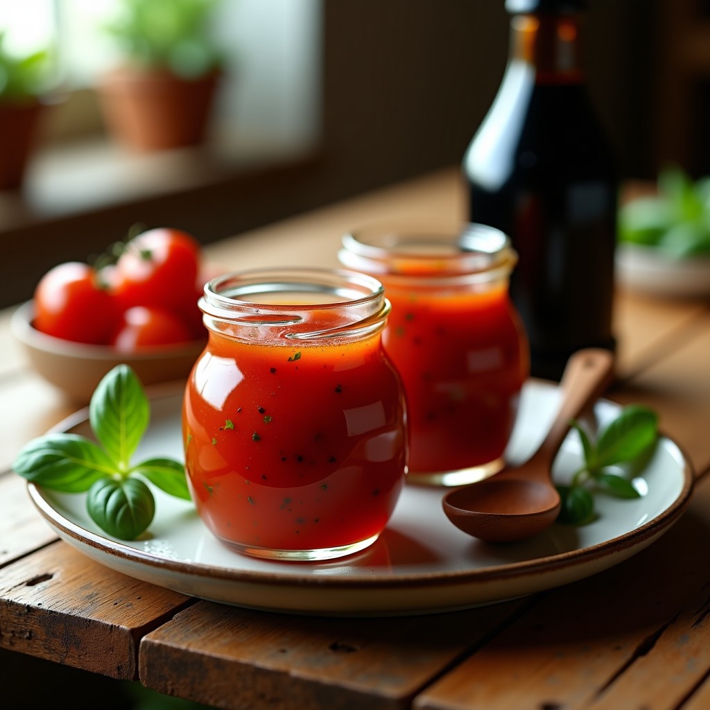 Tarros de vidrio transparentes llenos de mermelada de tomate y albahaca con toque de vinagre balsámico sin azúcar, sobre una mesa rústica de madera con hojas de albahaca fresca y una cuchara de madera. Receta italiana gourmet.