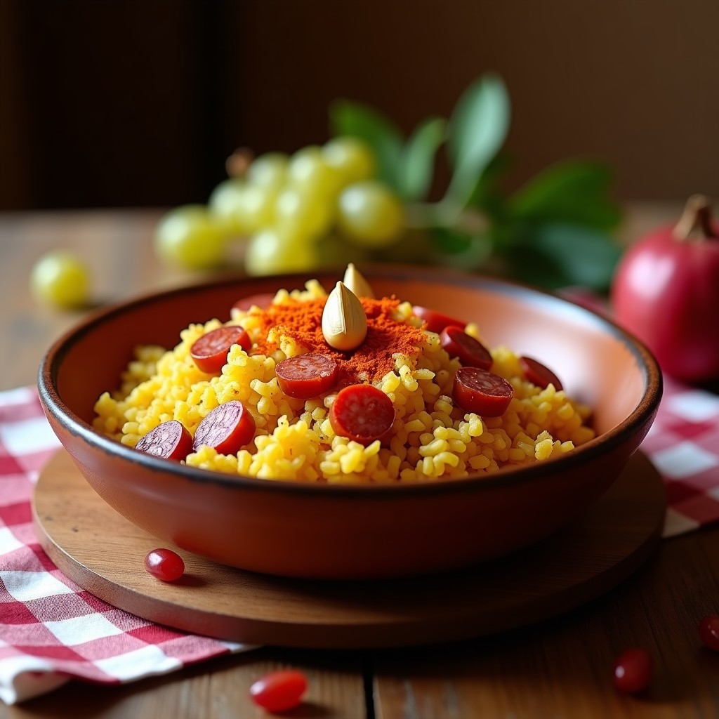 Plato hondo de barro con migas aragonesas doradas, trozos de chorizo, sardinas desmenuzadas y ajos tostados, típico de la cocina rural española.