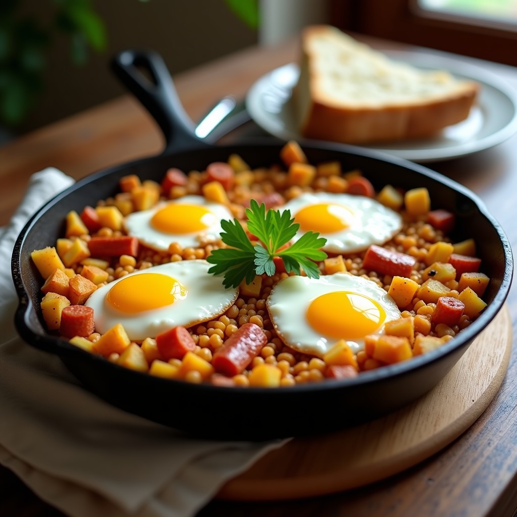 Sartén de hierro con migas canarias doradas, trozos de patata, chorizo y huevos fritos con yema líquida, receta tradicional española.