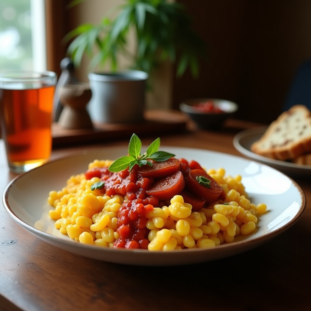 Sartén de hierro con migas doradas y crujientes, chorizo en rodajas y huevos fritos encima, receta tradicional española de abuela.