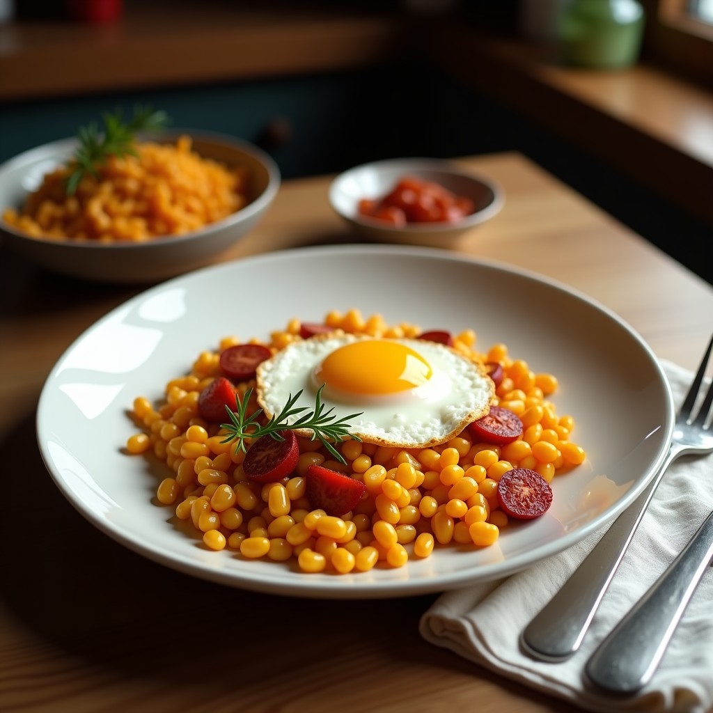 Plato tradicional español de migas doradas con trozos de chorizo y huevo frito encima, servido en cazuela de barro.